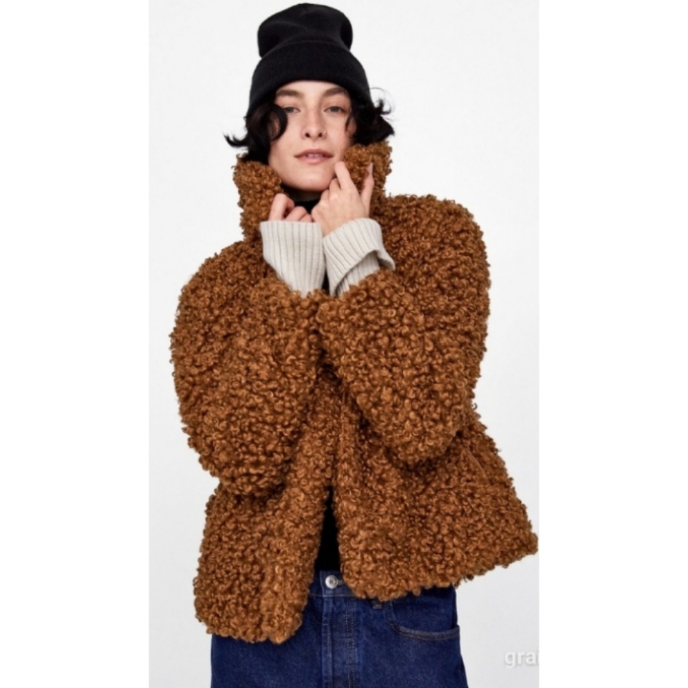 ZARA | Faux Fur Curly Sherpa Brown Lapel Jacket | Women's Small